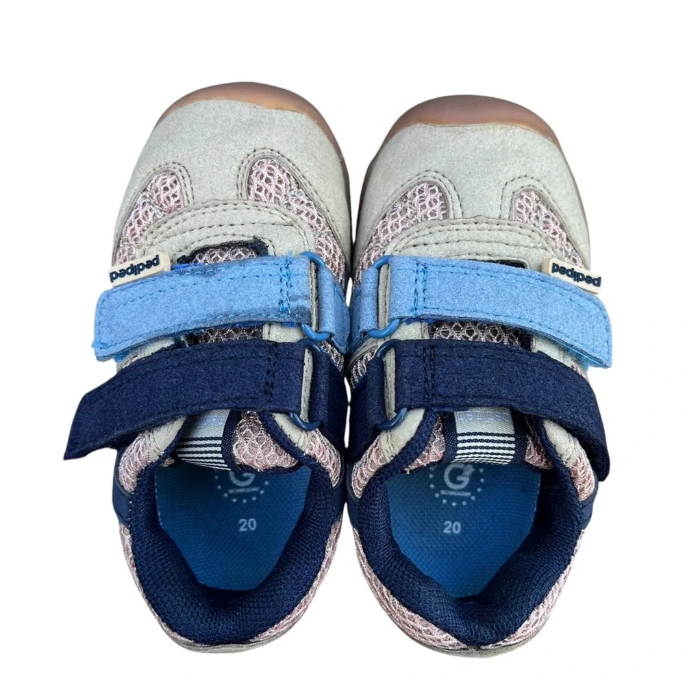 Pediped Gehrig baby shoes in Gingersnap tan and blue with hook & loop straps